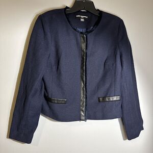 Karl Lagerfeld Blue Cropped Faux Leather Trim Career‎ Office Blazer Jacket Sz 12